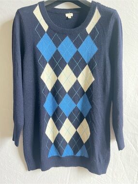 J. Crew Navy Crewneck Sweater with Blue and Cream Argyle